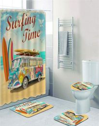 Old Retro Car Camper Van Shower Curtain for Bathroom Classic Surfing Summer Holiday Bath Curtains and Bath Mat Rug Carpet Set 20113793187