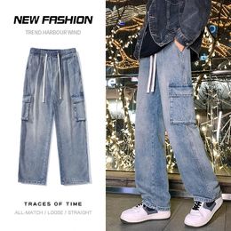 Spring Man Elastic Waist Cargo Baggy Jeans High Street Pants Straight Y2K Multi-pocket Overalls Fashion Wide Leg 240420