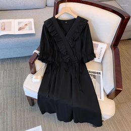 Plus Size Dresses 150Kg Women's Bust 152 Summer Loose V-Neck Ruffled Waist Cinched Black Dress 5XL 6XL 7XL 8XL 9XL