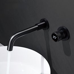 Black bathroom faucet simple intelligent digital display single handle cold and hot dual control brass wall type basin faucet