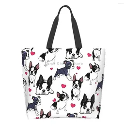 Shopping Bags Women Shoulder Bag Boston Terrier Red Heart Dog Large Capacity Grocery Tote For Ladies