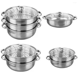 Double Boilers 1/2/3-Layer Vegetable Steamer Pan Set Transparent Glass Lid Food Veg Cooker Pot Handle Stacktable