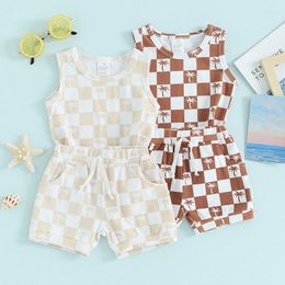 Clothing Sets Summer Born Baby Boys Clothes Tropical Tree Checkerboard Print O-neck Tank Tops Shorts Casual Tracksuits Beachwear