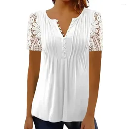 Women's Blouses Women Summer Blouse V Neck Hollow Out Flower Embroidery Short Sleeve Solid Colour Match Pants See-through Big Hem Lace T-s