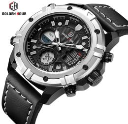 GOLDENHOUR Top Brand Sport Watch Business Men Wristwatch Genuine Leather Strap Mens Saat Waterproof Male Clock Relogio Masculino1539953