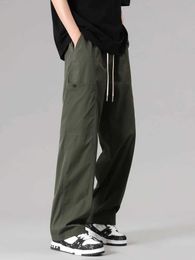 Men's Pants Spring and Summer Mens Sports Pants Korean Fashion Drawn Waist Casual Track Pants Mens Sports Pants Loose Straight Pulling PantsL24056