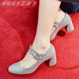 Dress Shoes Round Toe Thick Heel Silver Sequin Women Sandals Fashion Buckle Ankle Shallow Mary Jane Comfortable High Heels Pumps