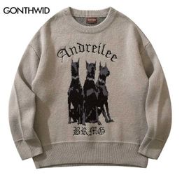Men's T-Shirts Mens Vintage Sweater Y2K Street Clothing Hip Hop Vintage Knitted Dobby Dog Sweater Autumn Harajuku Fashion Vintage Casual SweaterL2403