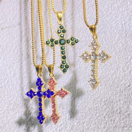 Charms FEEHOW Fashion White/Rose Red/Green Blue Cross Necklace For Women Shiny Stylish Party Accessories Female Statement Neck Jewelry