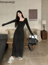 Casual Dresses Fashion Retro Wash Knitted Black Dress For Women Spring 2024 Square Neck Spicy Girl Waist Slim Bottom A-line Long