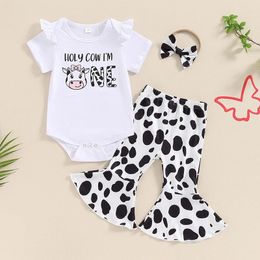 Clothing Sets Baby Girl 1st Birthday Outfit Letter Print Short Sleeve Romper With Cow Pattern Flare Pants And Headband Set