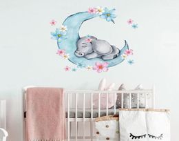 Watercolour Sleeping Baby Elephant on the Moon Wall Stickers With Flowers for Kids Room Baby Nursery Room Wall Decals PVC4389797