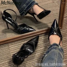 Sandals Punk Style Pointed Toe Cross Strap Rivet Decor High Heels Stiletto Buckle Woman Pumps Black Locomotive Casual Cool Girl Shoes