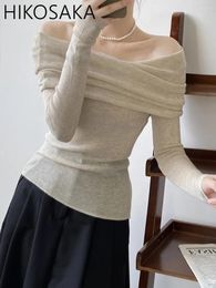 Women's Sweaters 2024 Spring Soft Knitwear Sexy Slash Neck Off Shoulder Long Sleeve Pullovers Korean Chic Sweet Solid Jumpers Women Sweater