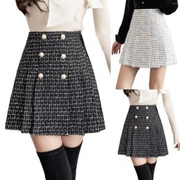 Skirts Elegant Women Spring Fall Pleated Skirt Plaid Pearl Buttons Up High Waist A Line With Inner Korean Harajuku Mini