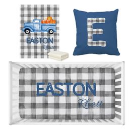 LVYZIHO Baby Boy Crib Bedding Set Personalised Plaid Vintage Truck Crib Sheet Blanket Custom Pillow 240429