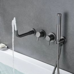 Luxury brass gun gray bathroom faucet with wall mounted design dual handle split type cold and hot dual control bathtub Tap