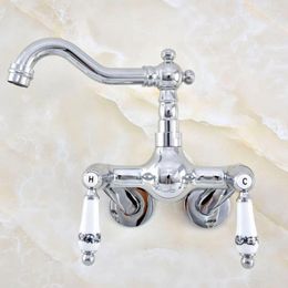 Bathroom Sink Faucets Wall Mounted Chrome Brass Swivel Spout Faucet Dual Ceramic Handles Kitchen Tap Lqg202