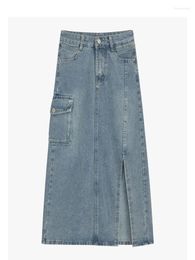 Skirts Women's Denim Skirt Clothes Basic Pockets Harajuku Korean Girl Casual Chic Fashion Washed Blue A-Line Split Hem Vintage
