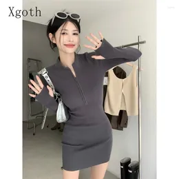 Casual Dresses Women's Solid Zipper Half High Neck Knitted Dress Spicy Girl Sexy Slim Fit Tight Wrapped Hip Short Skirt Ladies Clothing