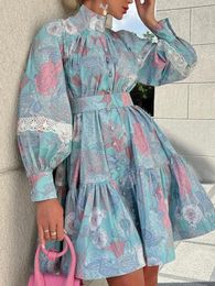 Casual Dresses Spring Elegant Dress For Women Autumn Fashion Turtleneck Female Large Swing Printed Shirt Mini Vestidos