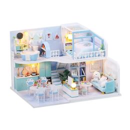 DIY Doll House Miniature 3D Wooden Dollhouses Set Furniture Kit With LED Dust Cover Toys For Children Gift 240429