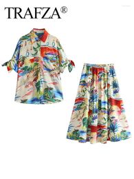 Work Dresses TRAFZA 2024 Women 2 Piece Set Zipper Pocket Slim Beach Pleated Skirt Print Single-Breasted Pockets Lapel Casual Shirt Top