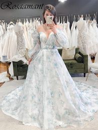 Gorgeous Floral Printing Chiffon A-Line Wedding Dresses Off The Shoulder Long Sleeve Bridal Gowns Robe De Mariee