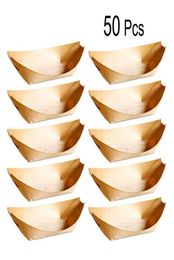 50Pcs Disposable Boat Shape Wooden Tray Natural Birch Wooden Serving Plates Dishes For Foods Snacks Nibbles Pzlr01650301