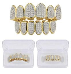 Hip Hop Classic Teeth Grills Golde Color Plated CZ Micro Pave Exclusive Top Bottom Gold Grillz Set7193256