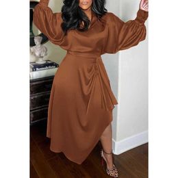 Basic Casual Dresses Large Japanese dress brown V-neck long sleeves irregular satin long skirtL2405