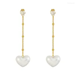 Dangle Earrings Peach Heart Pearl Long Fringe Eardrops 925 Sterling Silver Needle Female Korean