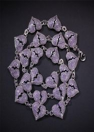 White Gold Plated Iced Out Purple CZ Hearts Chain Necklaces for Mens Women Cool Personality Rapper Jewelry9037293