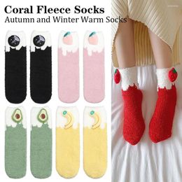 Women Socks Sleeping Fruits Coral Fleece Tube Sock Cute Autumn Winter Embroidery