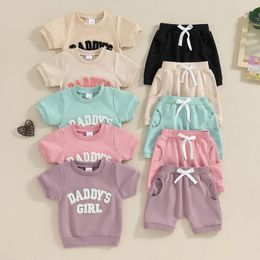 Clothing Sets Summer Toddler Kids Baby Girls Clothes Fuzzy Letter Embroidery Sweatshirts T-shirts Drawstring Pocket Shorts Casual Outfits