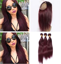 Virgin Peruvian Burgundy Human Hair 3Bundles With 360 Frontal 4Pcs Lot Straight 99J Wine Red 360 Lace Band Closure With Extension7555864