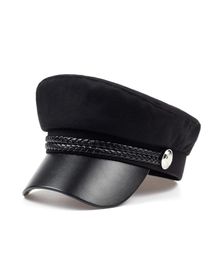 2020Female hat spring 100 cotton navy hat fashion black leather fixed crown silver buckle winter warm Berets cap1640838