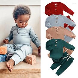 Clothing Sets Born Baby Boys Girls Clothe Set Autumn Button Sleepwear Solid Ribbed Long Sleeve Jumpsuit Pants 2Pcs Outfits Suit Pajamas