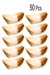 50Pcs Disposable Boat Shape Wooden Tray Natural Birch Wooden Serving Plates Dishes For Foods Snacks Nibbles Pzlr09859517