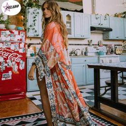 Cotton Bikini Cover-ups Pink Boho Print Self Belted Front Open Long Kimono Dress Beach Tunic Women Swim Suit Cover