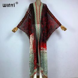 Kimono Boho Oil Painting Printed Perspective Floor Long Dress Beach Wear Cover-ups Elegant Holiday Outfits For Women