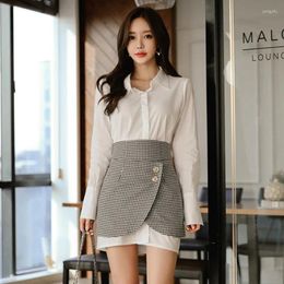 Work Dresses 2 Piece Set 2024 Spring High-end Women Suit Long Sleeve White Shirt Dress And Plaid Mini Skirt Two Sets Lady Vestidos