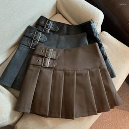 Skirts High Waist A-line Mini Skirt Women's Imitation Leather With Belt Detail Pleated Short