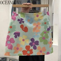 Skirts OCEANLOVE Print Flowers Mini Skirt A-line Spring Summer Sweet Basic Women Korean Fashion High Waist Retro Faldas