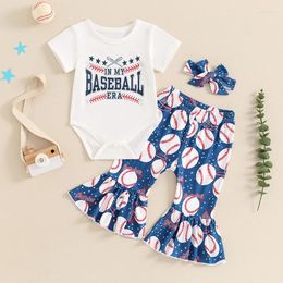 Clothing Sets Baby Girl Baseball Outfit Letter Print Short Sleeve Romper Flare Pants Headband Toddler Clothes Summer Born Set
