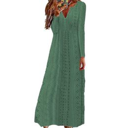 Basic Casual Dresses Elegant Solid Colour Hollow Out Women Dresses Korean Jacquard V-neck Loose Long Dress Female 2023 Autumn Comfortable Casual Gown Y240429