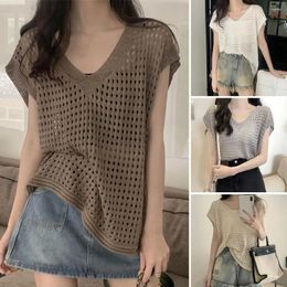 Women's Blouses Women Knitting Tops Stylish V-neck With Short Sleeves Hollow Out Design Sunscreen For Streetwear