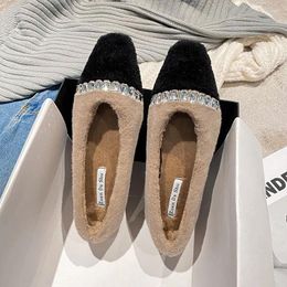 Casual Shoes Luxury Rhinestone Beading Fur Flats Woman Mixed Colour Furry Loafers Female Square Toe Crystal Band Wool Size43