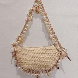 Drawstring Fashion Pearls Chains Straw Shoulder Bags For Women Half Moon Handbags Handmade Weave Summer Beach Bag Elegant Vacation Purses