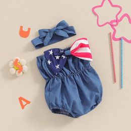 Clothing Sets Born Baby Girl 4th Of July Outfit Off The Shoulder Romper Bow American Flag Bodysuit Clothes Headband
